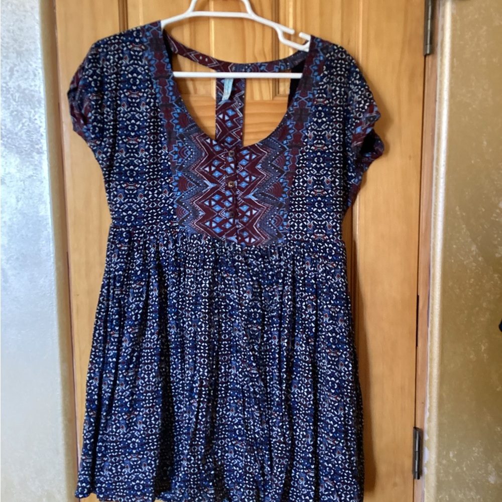 Free People Blue and Maroon Patterned Baby Doll dress